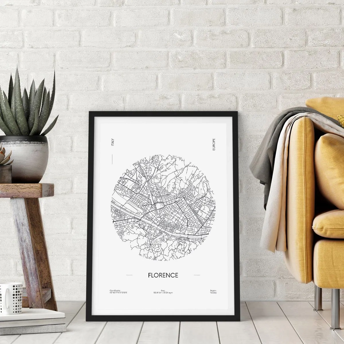 Poster in black frame - A minimalist map of Florence in black and white. - 50x70cm - Anatomy of Florence - Modern wall decoration for the living room and bedroom ARTTOR