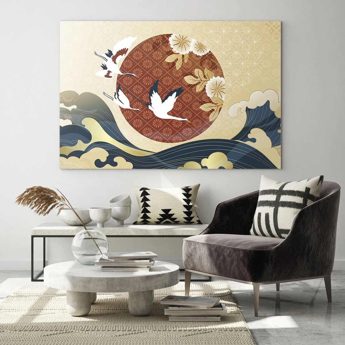 Glass picture - Japanese cranes over the waves against a red circle - 70x50cm - Japanese Tale - Modern wall decoration for the living room and bedroom ARTTOR