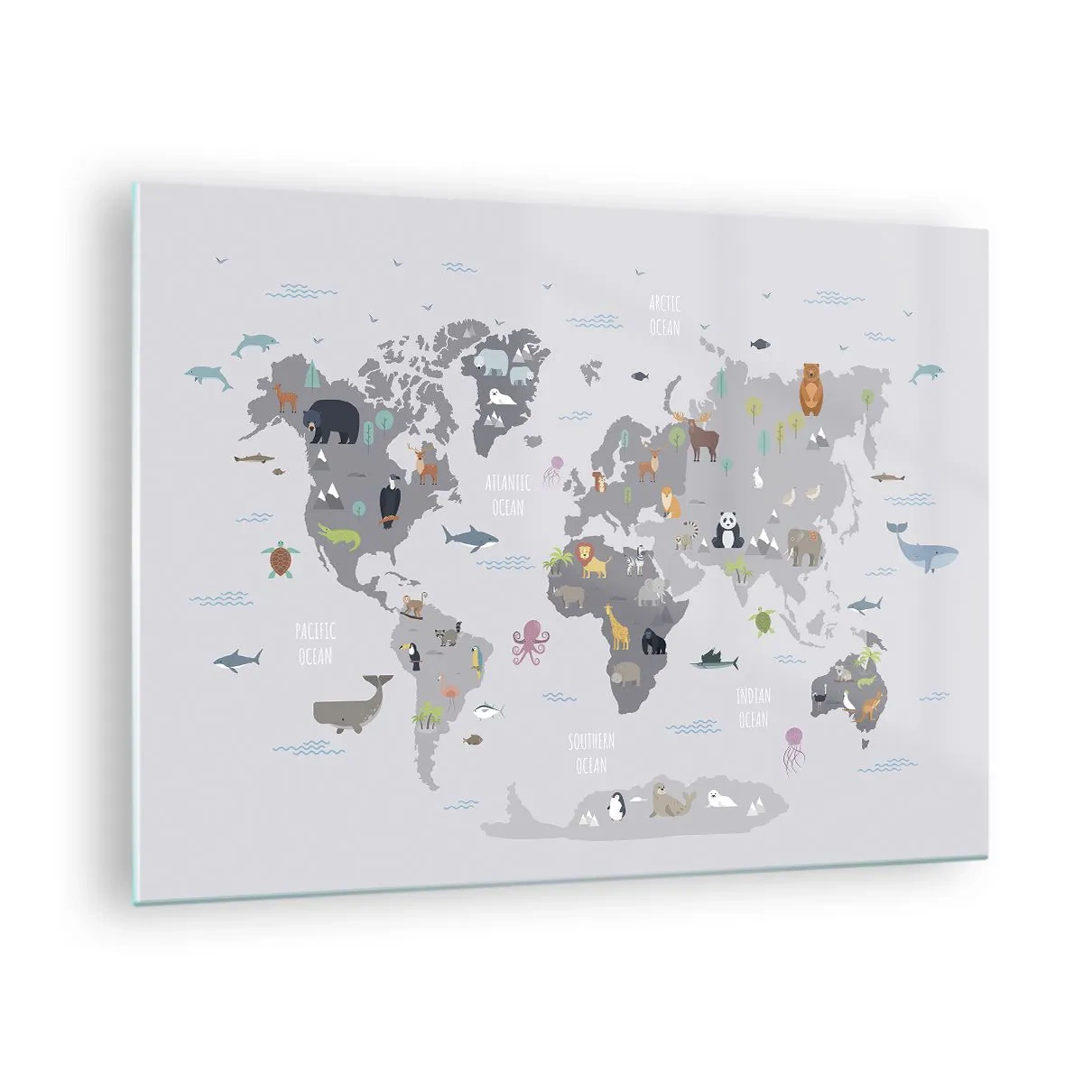 Glass picture - Illustrated world map with characteristic animals - 70x50cm - Tell Me Where You Are From - Modern wall decoration for the living room and bedroom ARTTOR