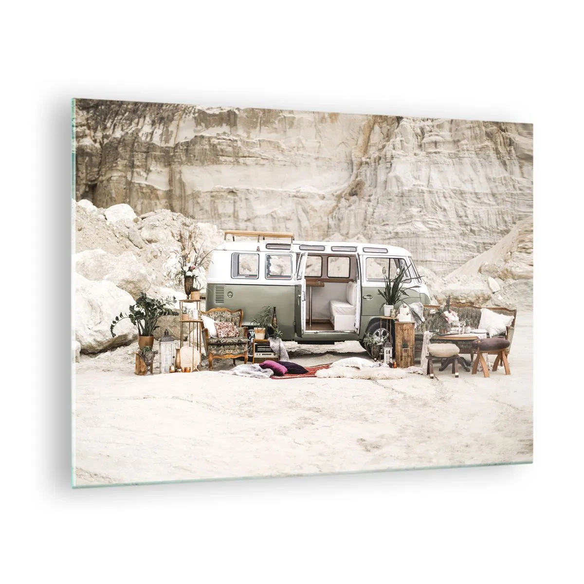 Glass picture - A camper van interior in a desert setting, with boho and nature elements. - 70x50cm - Time to Start the Trip - Modern wall decoration for the living room and bedroom ARTTOR