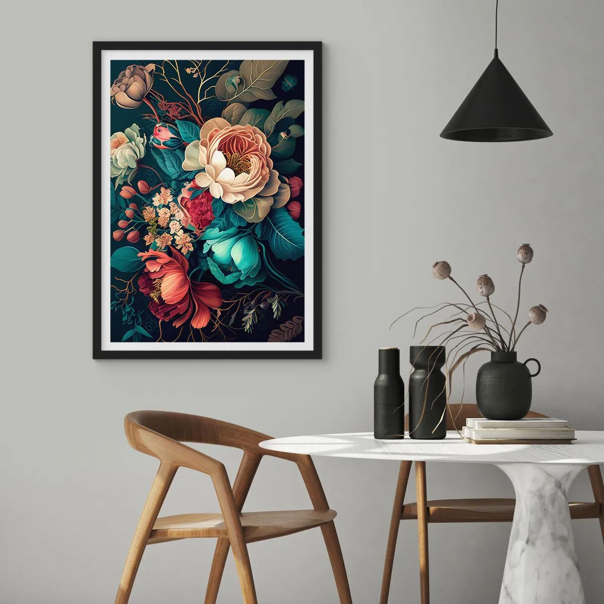 Poster in black frame - A bouquet of flowers in the Baroque style on a dark background - 50x70cm - 19th Century Charm - Modern wall decoration for the living room and bedroom ARTTOR