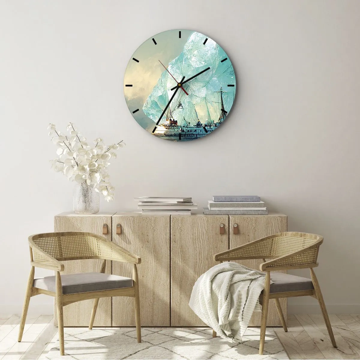 Wall clock - Clock on glass - A ship among blue icebergs against the sky - 30x30cm - Arctic Diamond - Modern wall decoration for the living room, kitchen, and bedroom ARTTOR