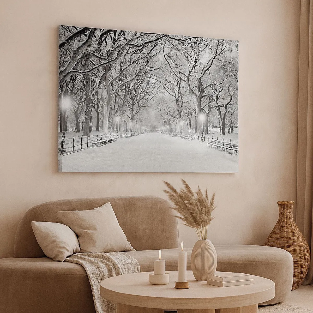 Canvas picture - A winter alley with snow-covered trees in monochrome - 70x50cm - Four Seasons: Winter - Modern wall decoration for the living room and bedroom ARTTOR