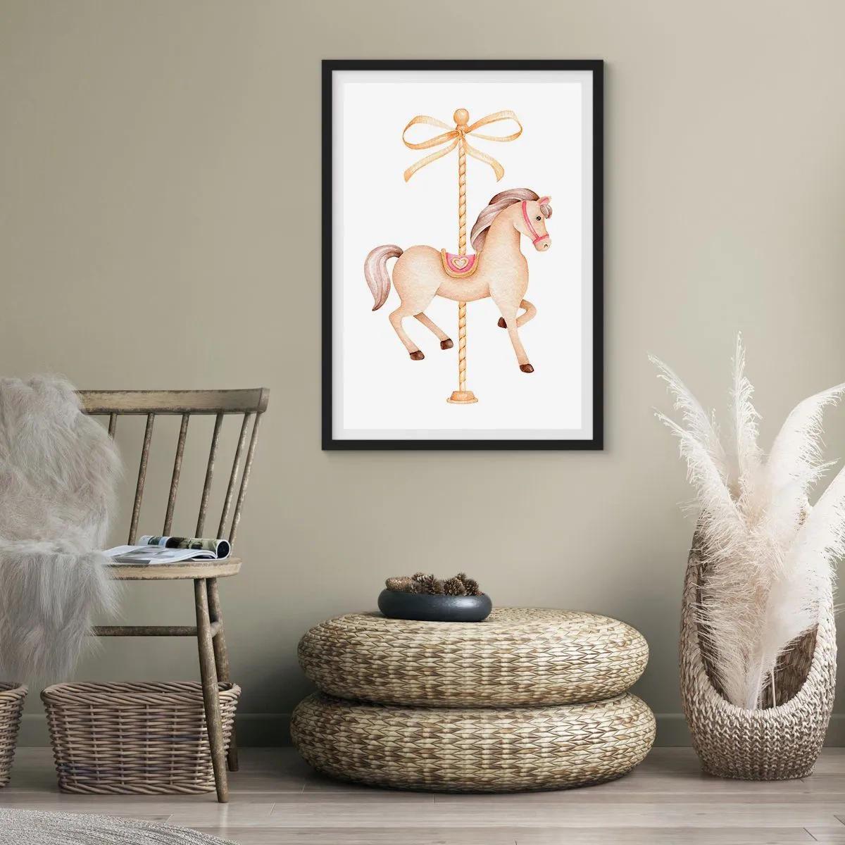 Poster in black frame - A delicate illustration of a carousel horse in pastels - 50x70cm - Graceful Trot - Modern wall decoration for the living room and bedroom ARTTOR