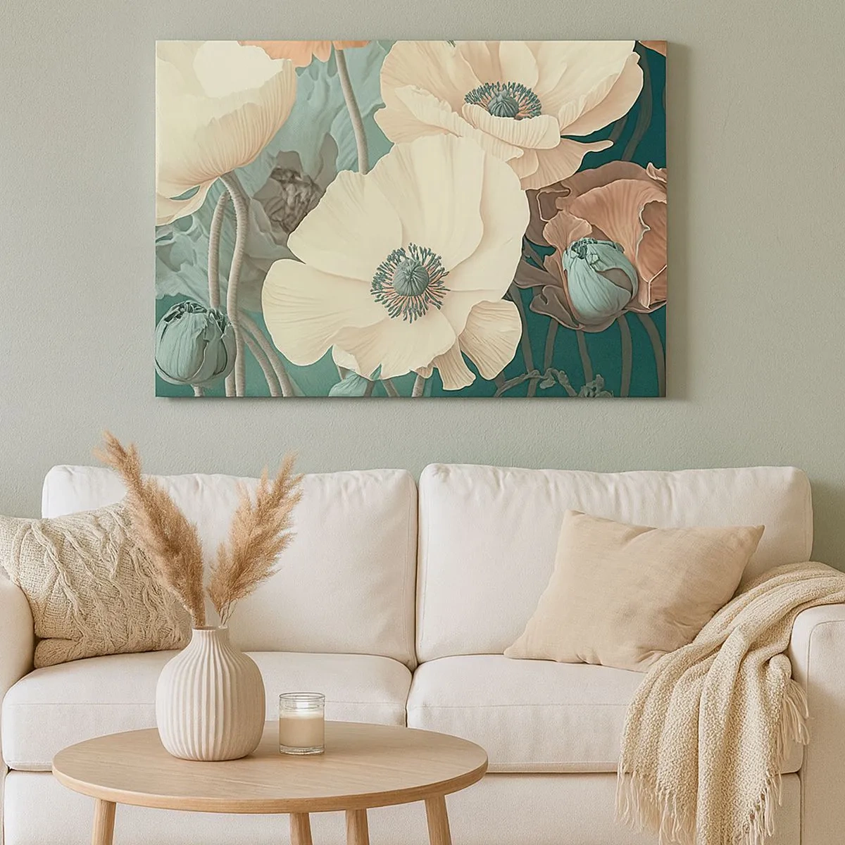 Canvas picture - Elegant flowers in pastel shades on a green background - 70x50cm - Whisper of the Poppies - Modern wall decoration for the living room and bedroom ARTTOR