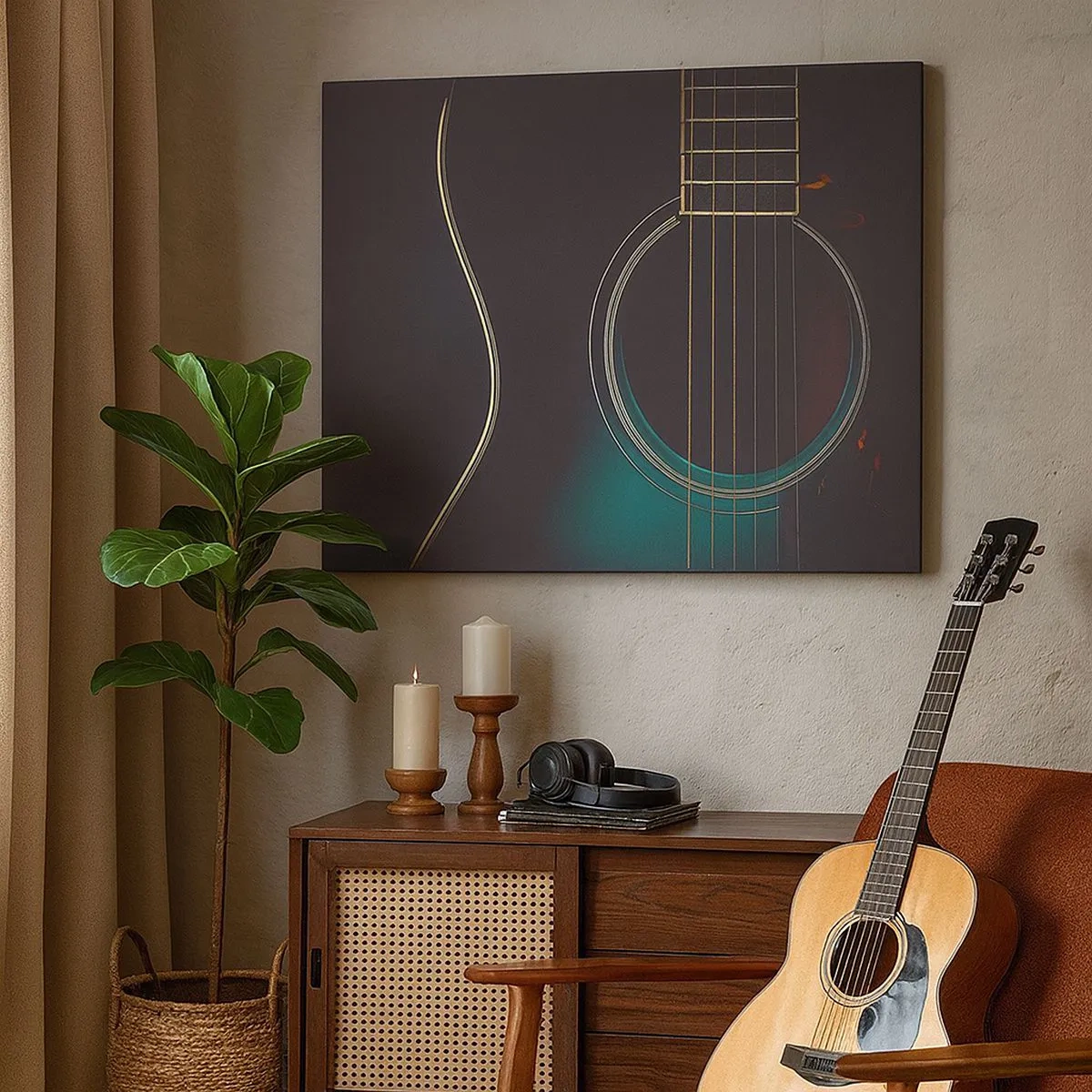 Canvas picture - Acoustic guitar in dark, elegant light - 70x50cm - A Moment Before It Sounds - Modern wall decoration for the living room and bedroom ARTTOR