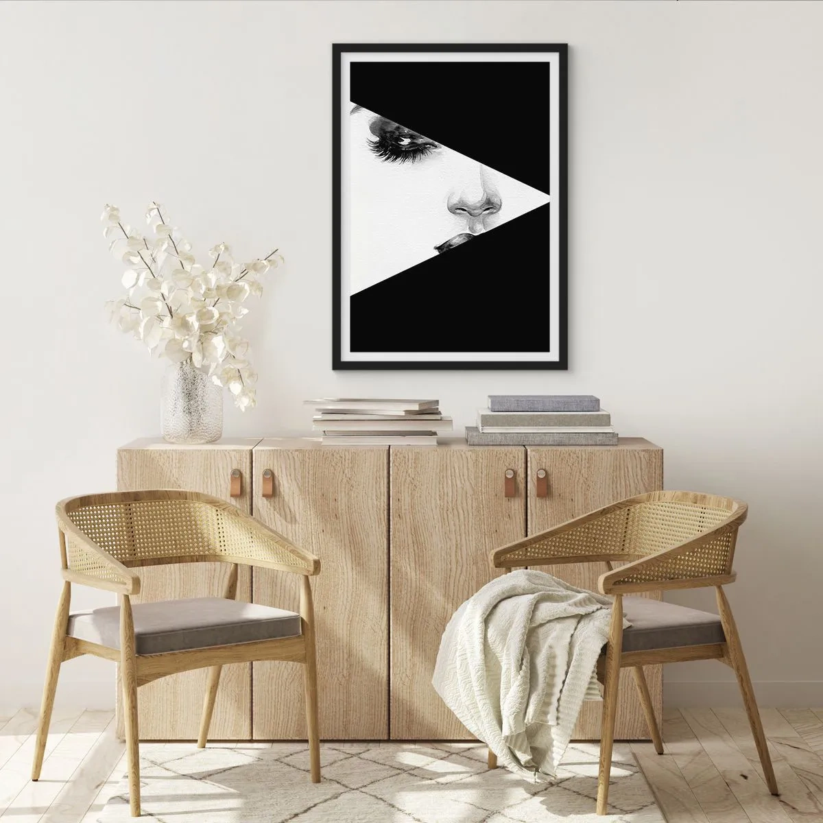 Poster in black frame - A minimalist portrait of a woman in black and white with a geometric division. - 50x70cm - Forever Uncovered  - Modern wall decoration for the living room and bedroom ARTTOR
