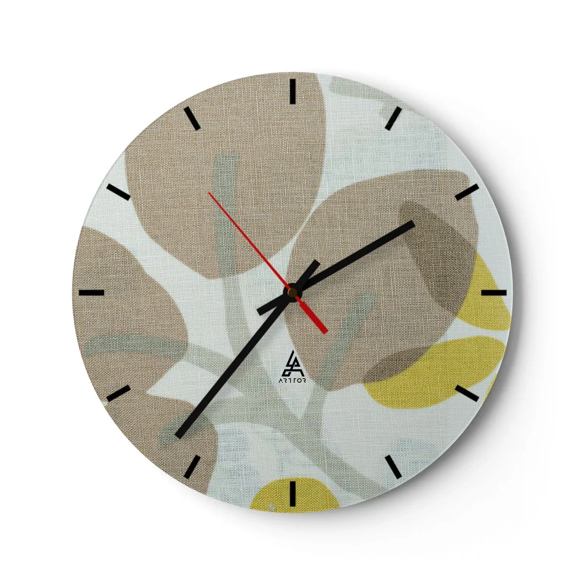 Wall clock - Clock on glass - Pastel leaves and yellow accents on a linen textured background - 30x30cm - Composition in Full Sunlight - Modern wall decoration for the living room, kitchen, and bedroom ARTTOR