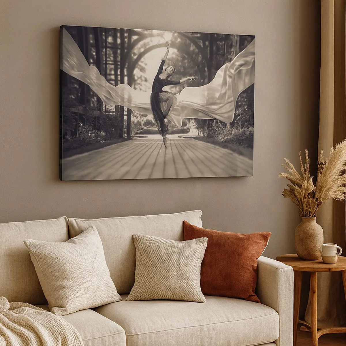Canvas picture - A dancer in a flowing dress performs a jump against a black and white garden backdrop. - 70x50cm - Dance of the Garden Spirit - Modern wall decoration for the living room and bedroom ARTTOR