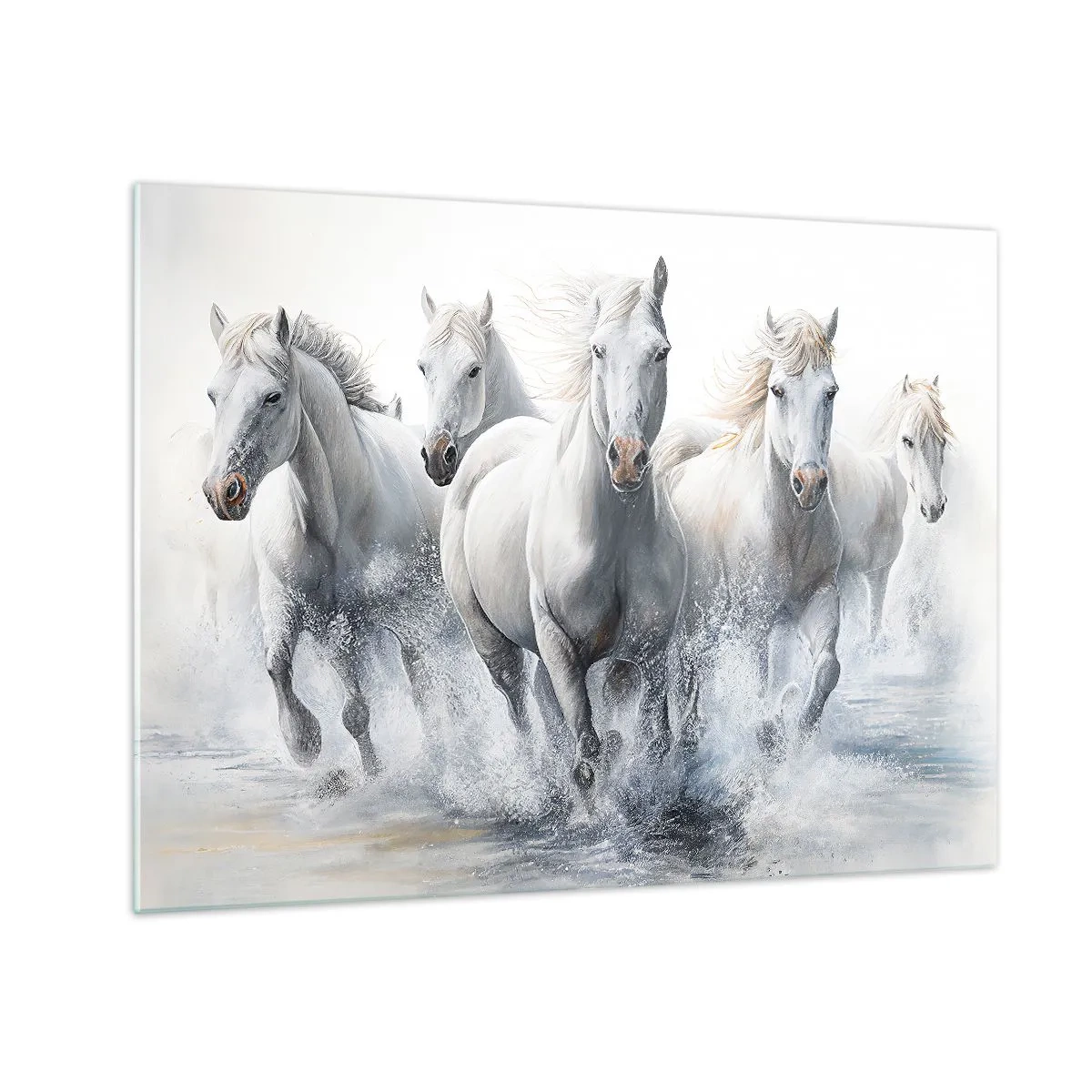 Glass picture - White horses galloping through water in a dynamic composition - 70x50cm - White Magic - Modern wall decoration for the living room and bedroom ARTTOR