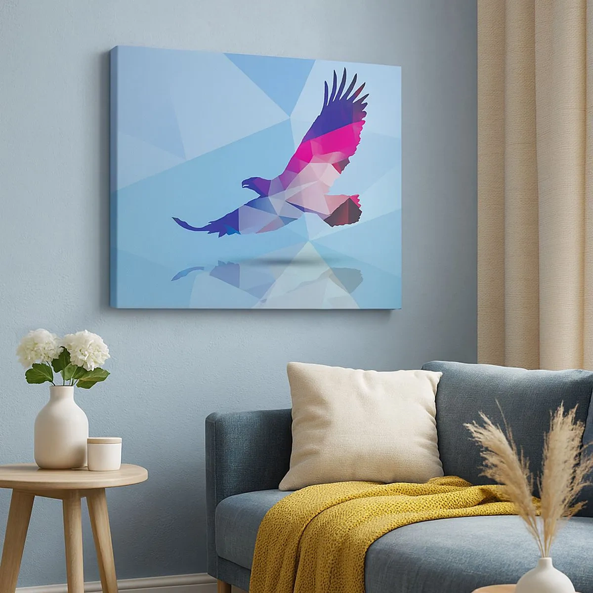 Canvas picture - Geometric silhouette of an eagle in flight on a blue background - 70x50cm - Eagle in a Lilac Crystal - Modern wall decoration for the living room and bedroom ARTTOR