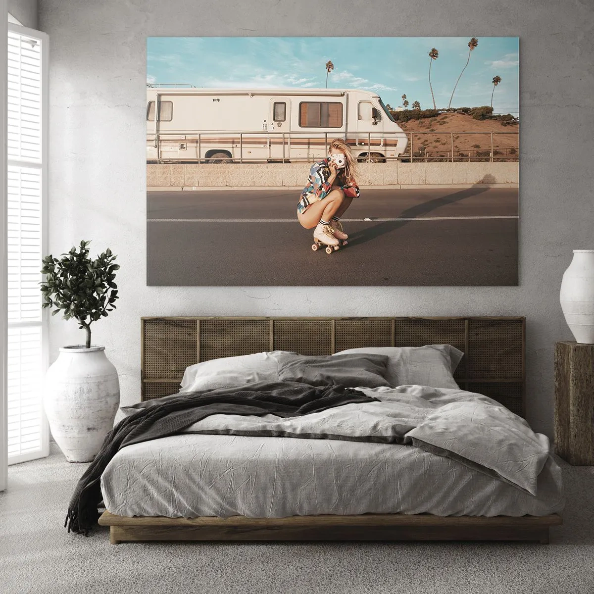 Glass picture - A girl on roller skates taking pictures in the California sun. - 70x50cm - Smile, Please! - Modern wall decoration for the living room and bedroom ARTTOR
