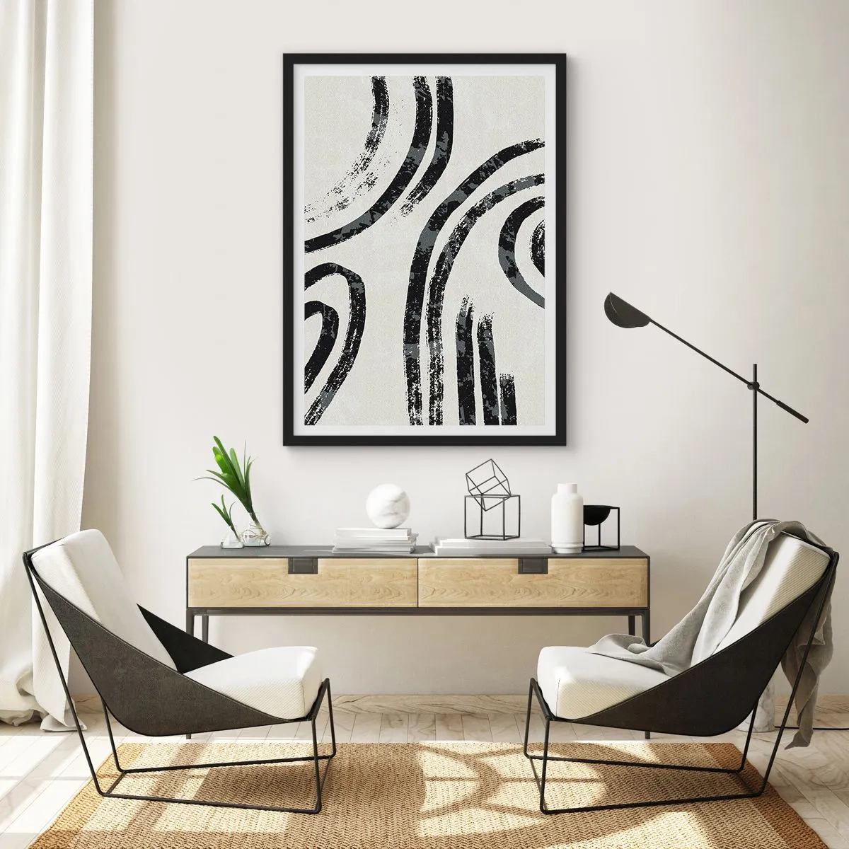 Poster in black frame - Abstract black lines on a light background - 50x70cm - Stopped Half Way - Modern wall decoration for the living room and bedroom ARTTOR