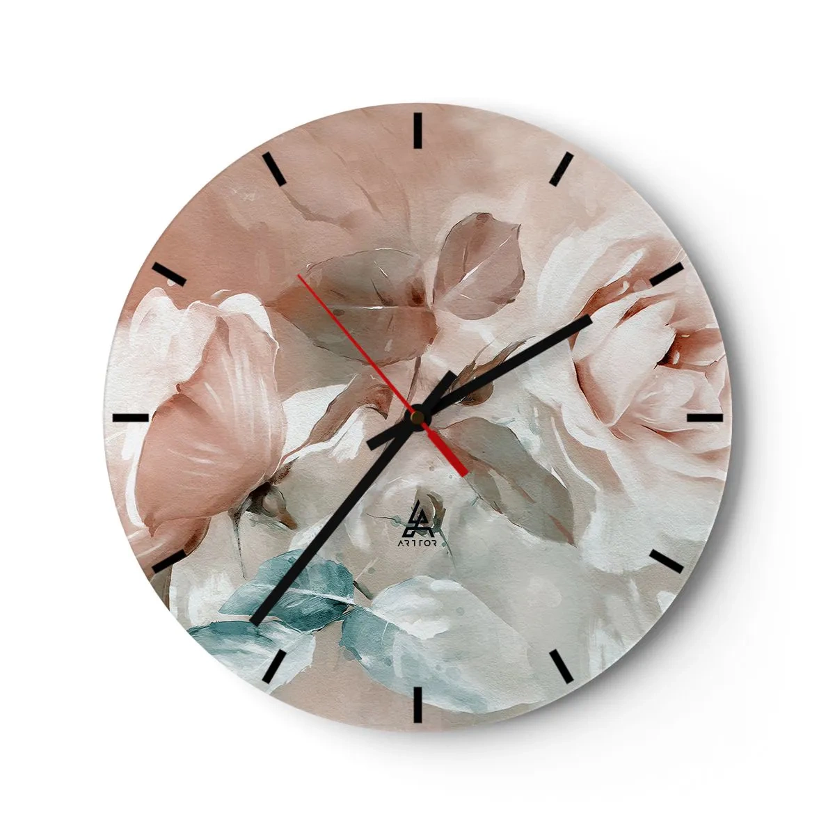 Wall clock - Clock on glass - Delicate flowers in pastel shades on a light background - 30x30cm - Spirit of Romaticism - Modern wall decoration for the living room, kitchen, and bedroom ARTTOR