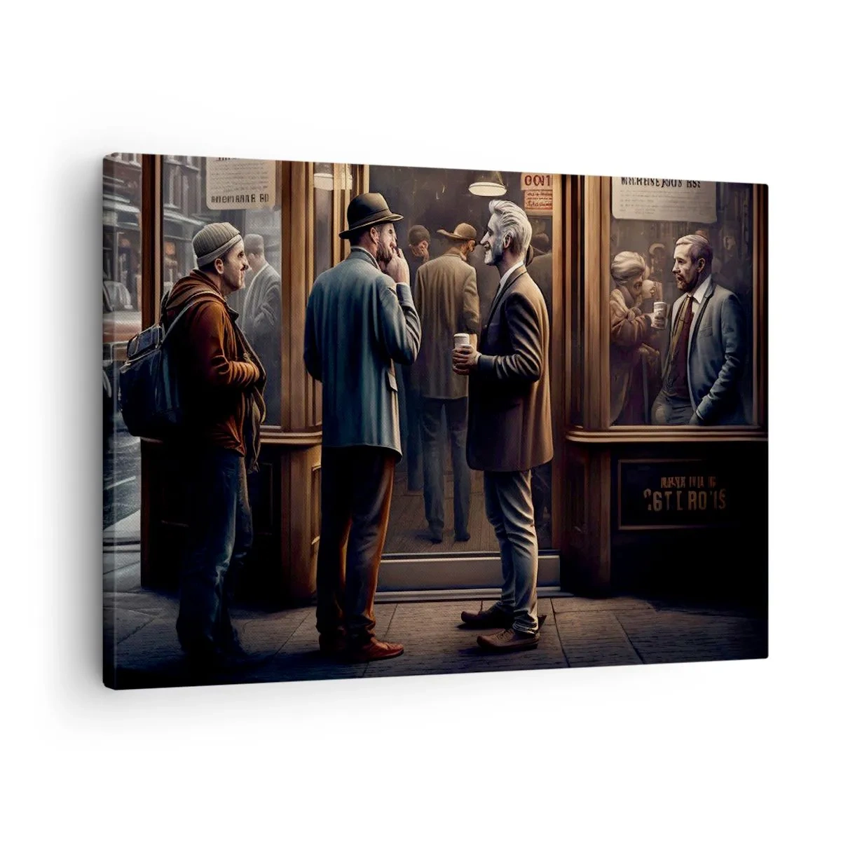 Canvas picture - Street scene with people in front of a retro cafe - 70x50cm - Good Time of the Day - Modern wall decoration for the living room and bedroom ARTTOR