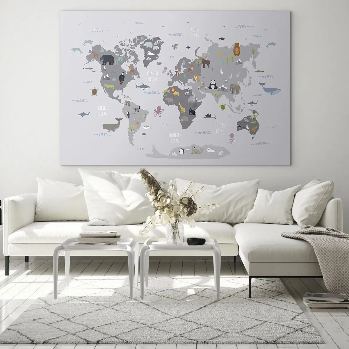 Glass picture - Illustrated world map with characteristic animals - 70x50cm - Tell Me Where You Are From - Modern wall decoration for the living room and bedroom ARTTOR