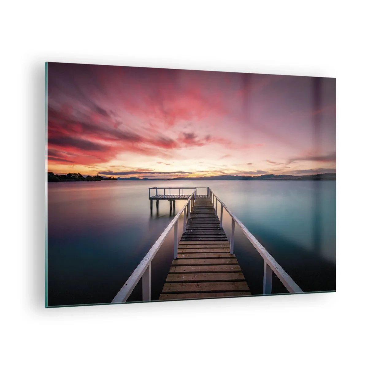Glass picture - Lakeside Pier at Sunset with a Pink Sky - 70x50cm - Mild Flame of an Evening - Modern wall decoration for the living room and bedroom ARTTOR