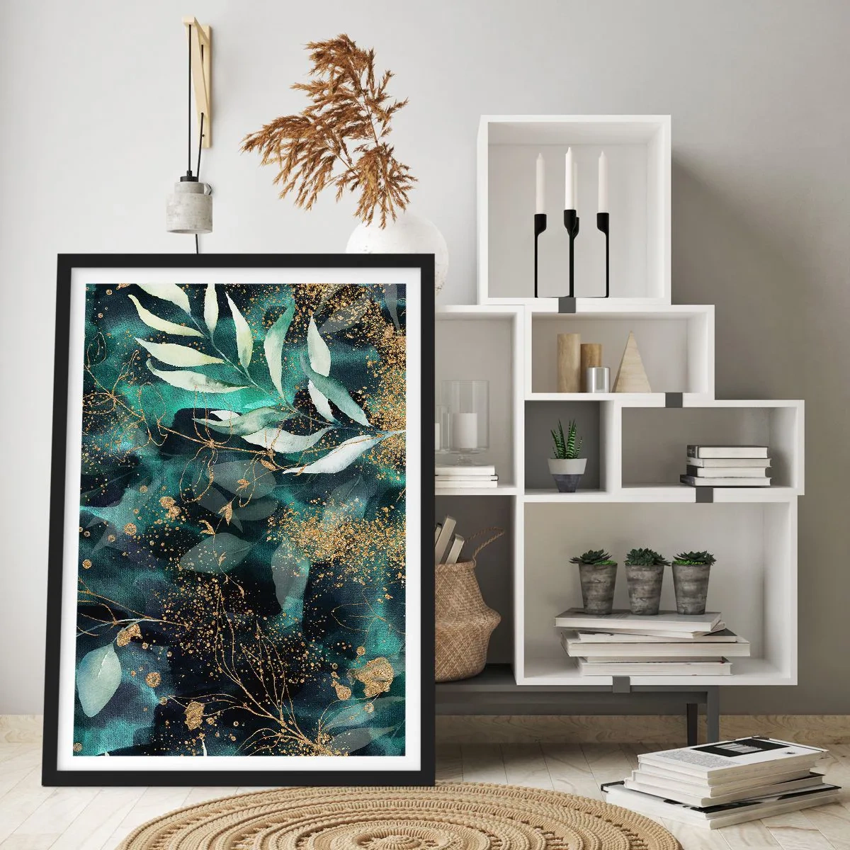 Poster in black frame - Green leaves and gold accents on a dark background - 50x70cm - Enchanted Garden - Modern wall decoration for the living room and bedroom ARTTOR