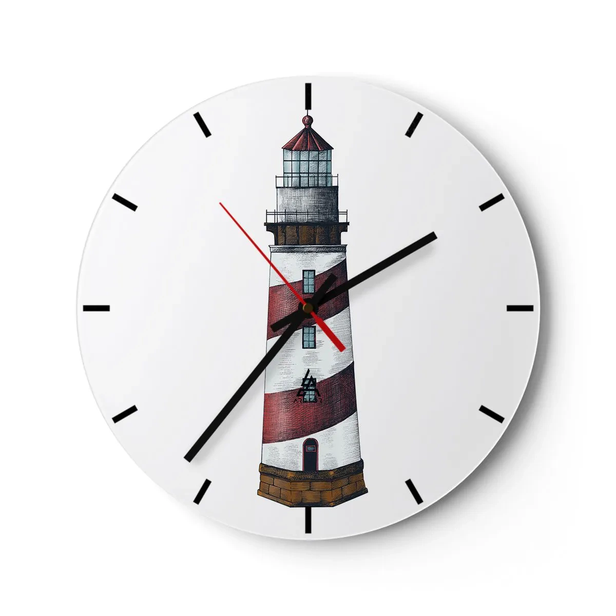 Wall clock - Clock on glass - A lighthouse with red and white stripes on a white background - 30x30cm - Always on Guard - Modern wall decoration for the living room, kitchen, and bedroom ARTTOR