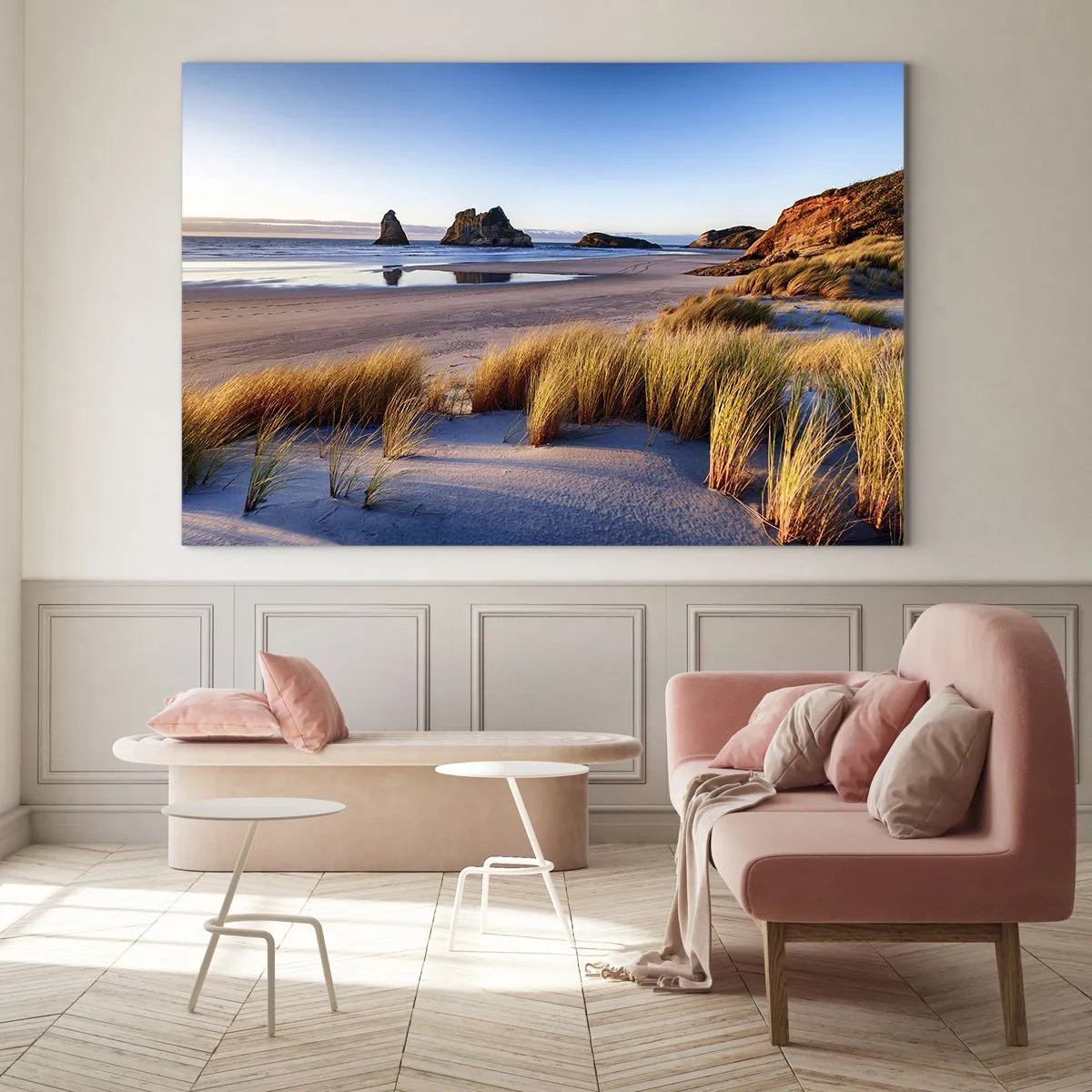 Glass picture - A beach at dawn with grass and rocks in the background and a calm sea - 70x50cm - For Peace Seekers - Modern wall decoration for the living room and bedroom ARTTOR