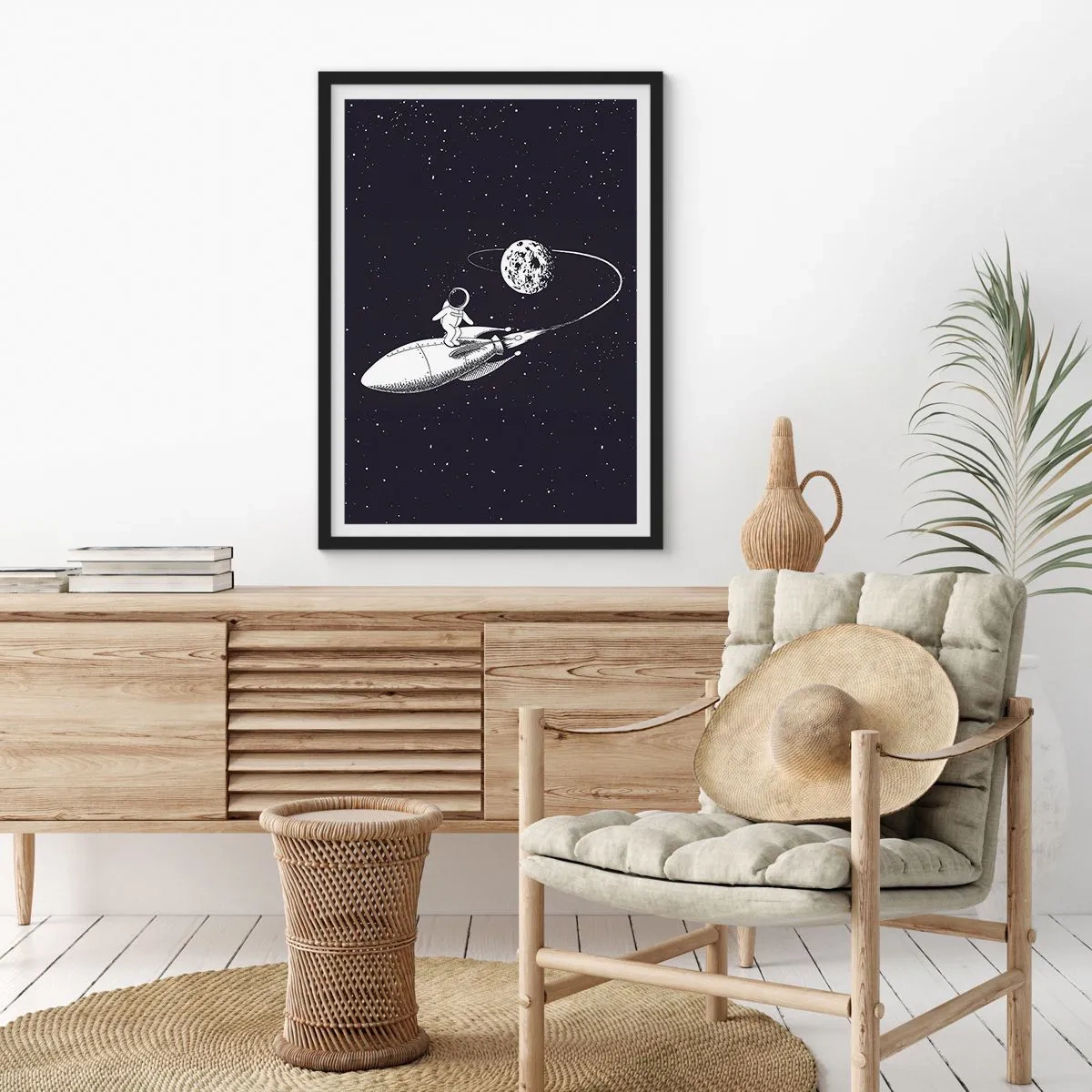 Poster in black frame - An astronaut standing on a rocket flying in space - 50x70cm - Space Surfer - Modern wall decoration for the living room and bedroom ARTTOR