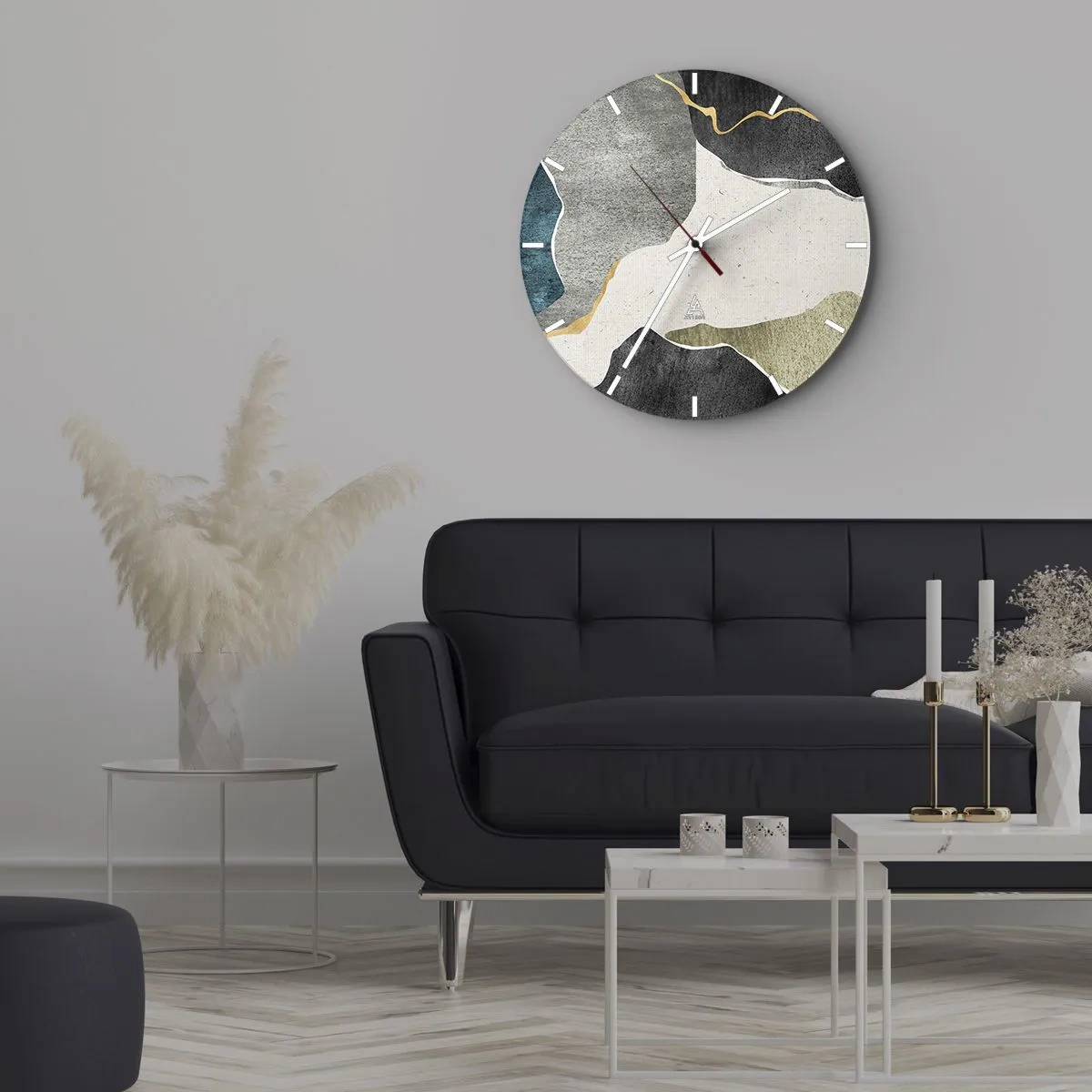 Wall clock - Clock on glass - Colorful spots and a gold line create a mosaic pattern - 30x30cm - Mosaic Composition with a Gold Thread - Modern wall decoration for the living room, kitchen, and bedroom ARTTOR