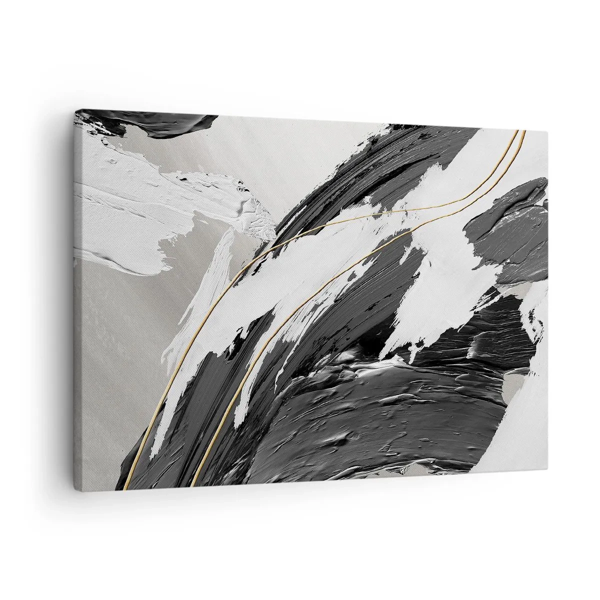 Canvas picture - Black and white paint strokes with a subtle gold accent - 70x50cm - Abstract with Flair - Modern wall decoration for the living room and bedroom ARTTOR
