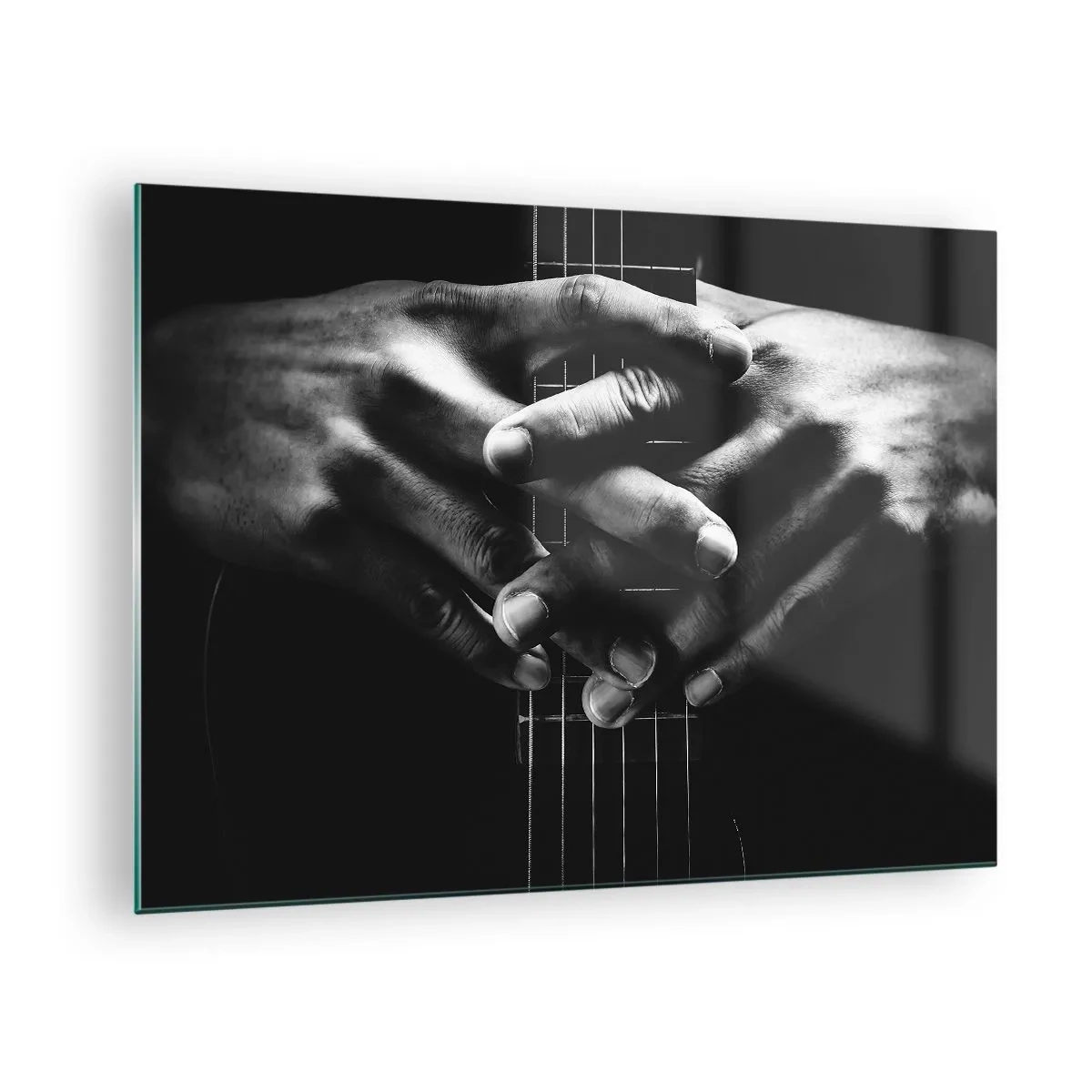 Glass picture - Clasped hands resting on the guitar neck in black and white - 70x50cm - Artist's Prayer - Modern wall decoration for the living room and bedroom ARTTOR