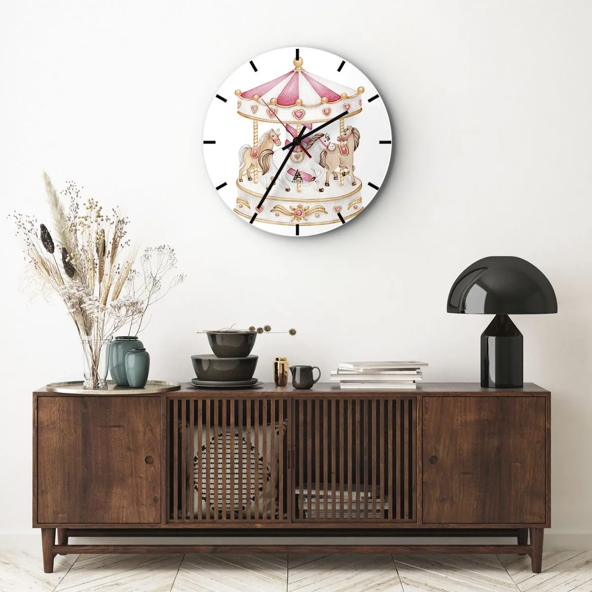 Wall clock - Clock on glass - Pink and cream carousel with horses on a white background - 30x30cm - Sweet World of Childhood - Modern wall decoration for the living room, kitchen, and bedroom ARTTOR