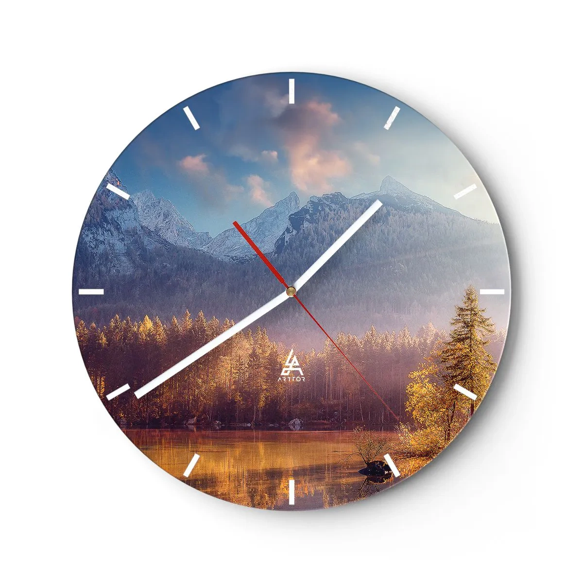 Wall clock - Clock on glass - Mountain landscape at sunset with reflection in the lake - 30x30cm - In the Mountains and Valleys - Modern wall decoration for the living room, kitchen, and bedroom ARTTOR
