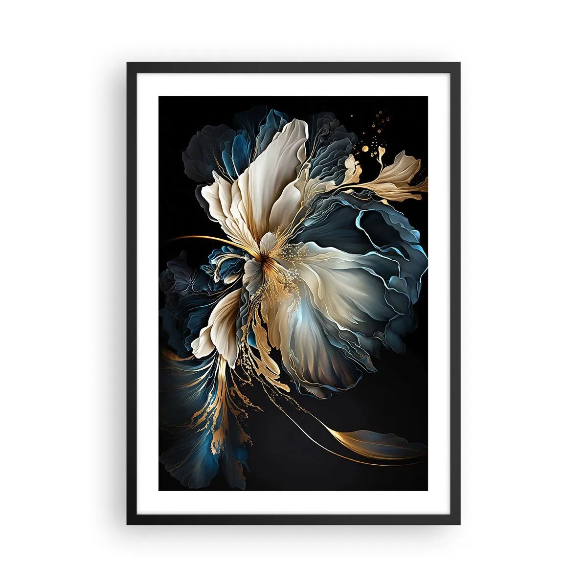 Poster in black frame - An elegant abstract floral arrangement in gold and navy blue. - 50x70cm - Fairy Tale World of Ferns - Modern wall decoration for the living room and bedroom ARTTOR