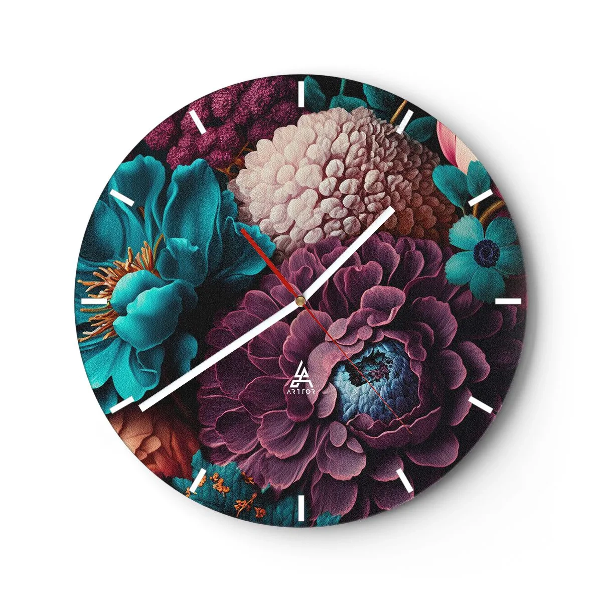 Wall clock - Clock on glass - A rich bouquet of dark and turquoise flowers with details - 30x30cm - Rich Nature - Modern wall decoration for the living room, kitchen, and bedroom ARTTOR