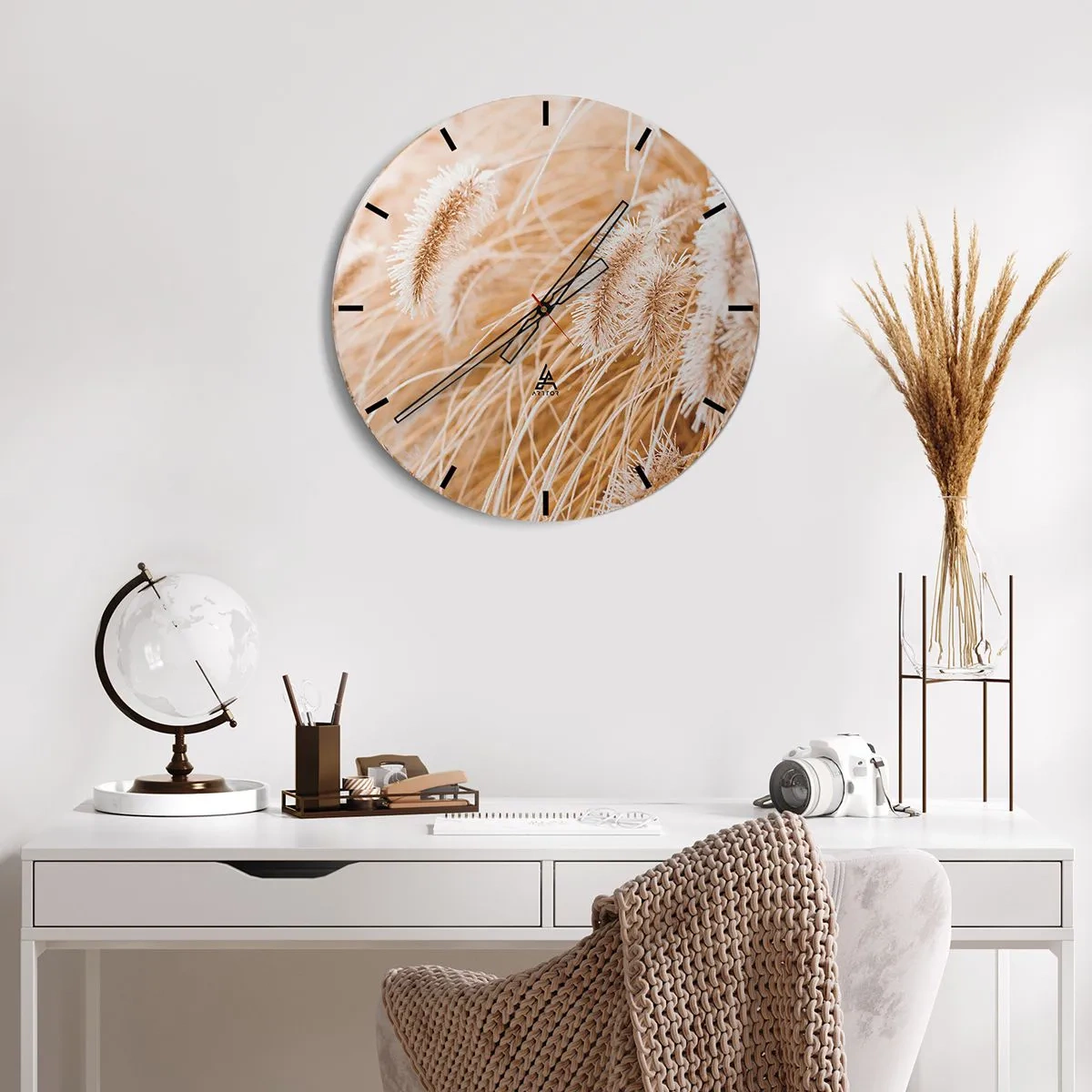 Wall clock - Clock on glass - Close-up of golden grass swaying in the wind - 30x30cm - Golden Rustling of Grass - Modern wall decoration for the living room, kitchen, and bedroom ARTTOR