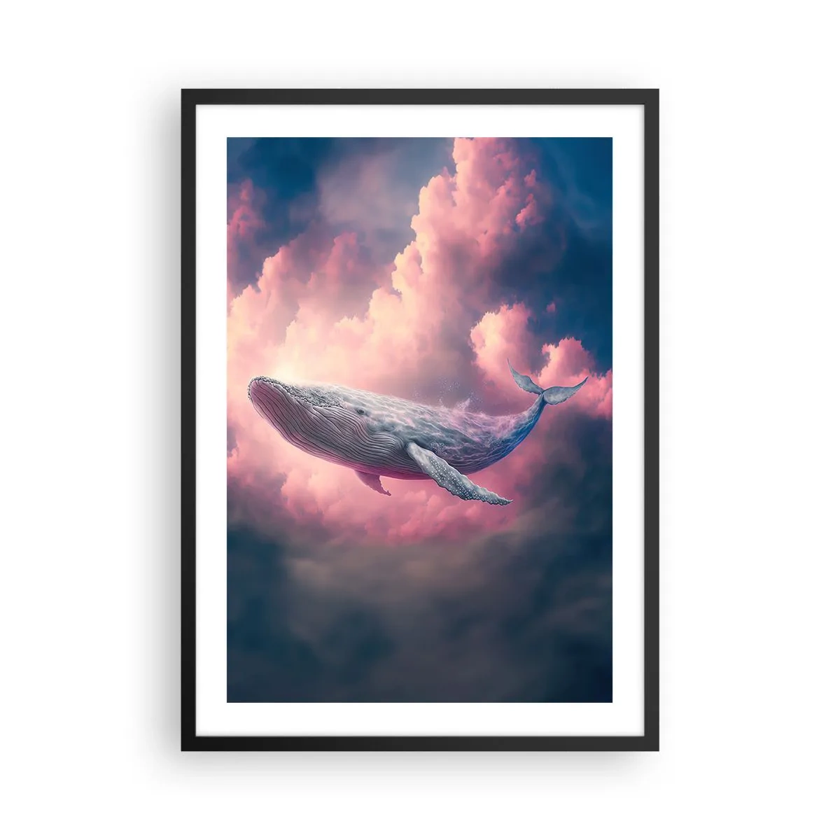 Poster in black frame - A whale flies among pink clouds at sunset. - 50x70cm - Rub Your Eyes - Modern wall decoration for the living room and bedroom ARTTOR