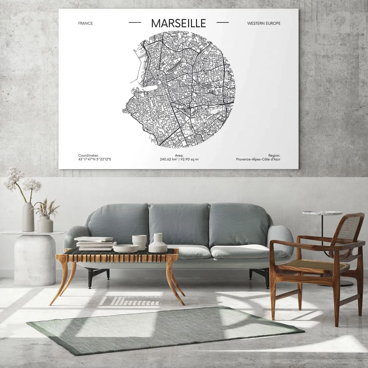 Glass picture - Black and white map of the city of Marseille in a modern style - 70x50cm - Anatomy of Marseille - Modern wall decoration for the living room and bedroom ARTTOR