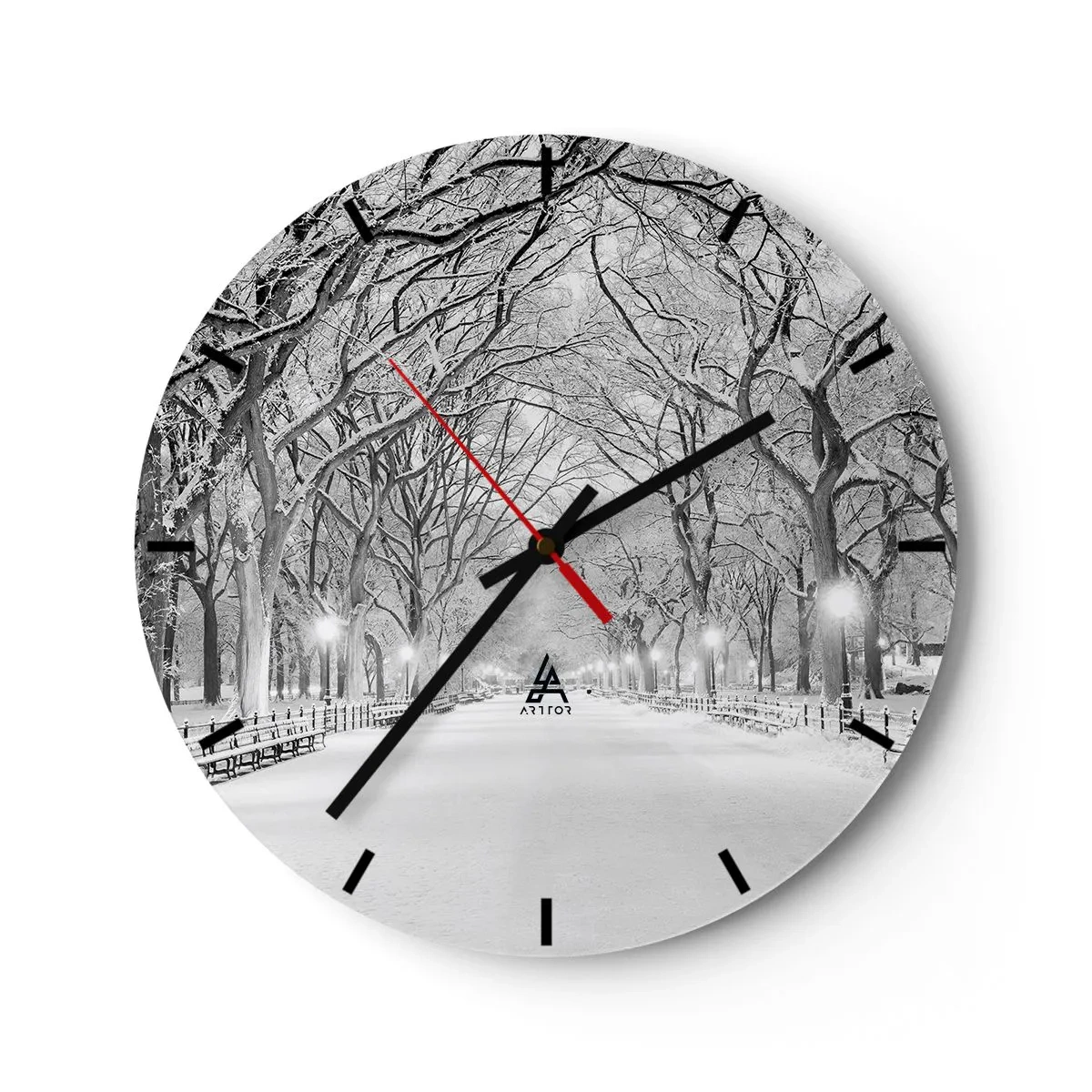 Wall clock - Clock on glass - Winter tree alley in the park lit by lanterns - 30x30cm - Four Seasons: Winter - Modern wall decoration for the living room, kitchen, and bedroom ARTTOR