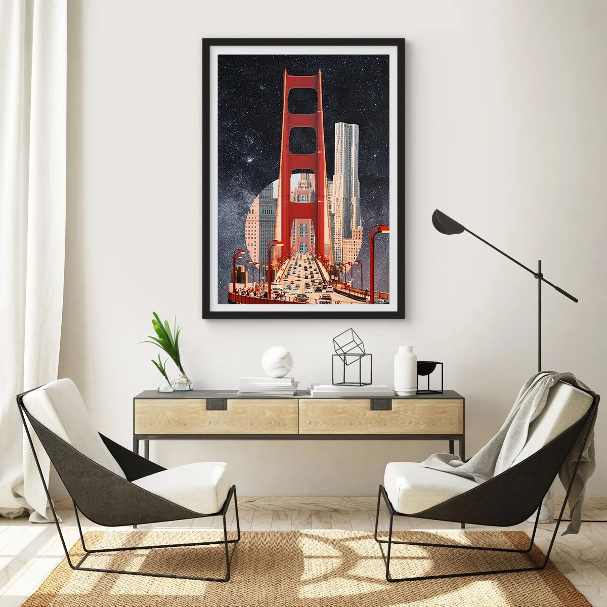 Poster in black frame - A bridge and skyscrapers against the starry sky - 50x70cm - Always in the Centre - Modern wall decoration for the living room and bedroom ARTTOR