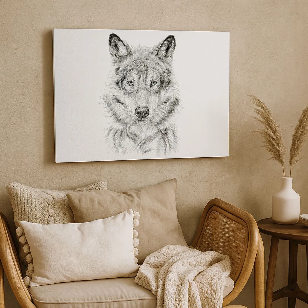 Canvas picture - Sketch of a wolf head in a monochrome style on a white background - 70x50cm - Born Leader - Modern wall decoration for the living room and bedroom ARTTOR