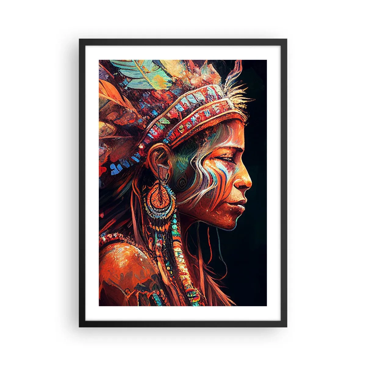 Poster in black frame - Portrait of a woman in a traditional feather headdress - 50x70cm - Magical Ritual - Modern wall decoration for the living room and bedroom ARTTOR
