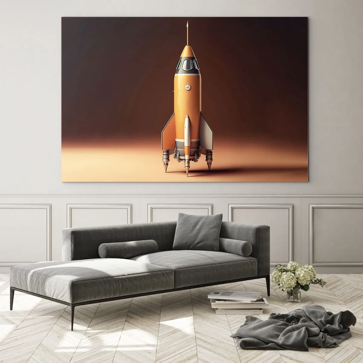 Glass picture - An orange rocket against a soft light background - 70x50cm - It Starts with a Dream - Modern wall decoration for the living room and bedroom ARTTOR
