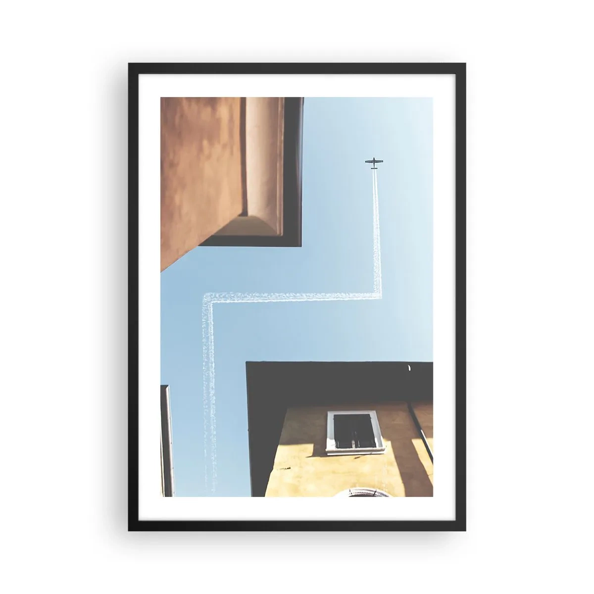 Poster in black frame - Perspective of buildings with an airplane and an unusual path in the sky - 50x70cm - Above City Maze - Modern wall decoration for the living room and bedroom ARTTOR