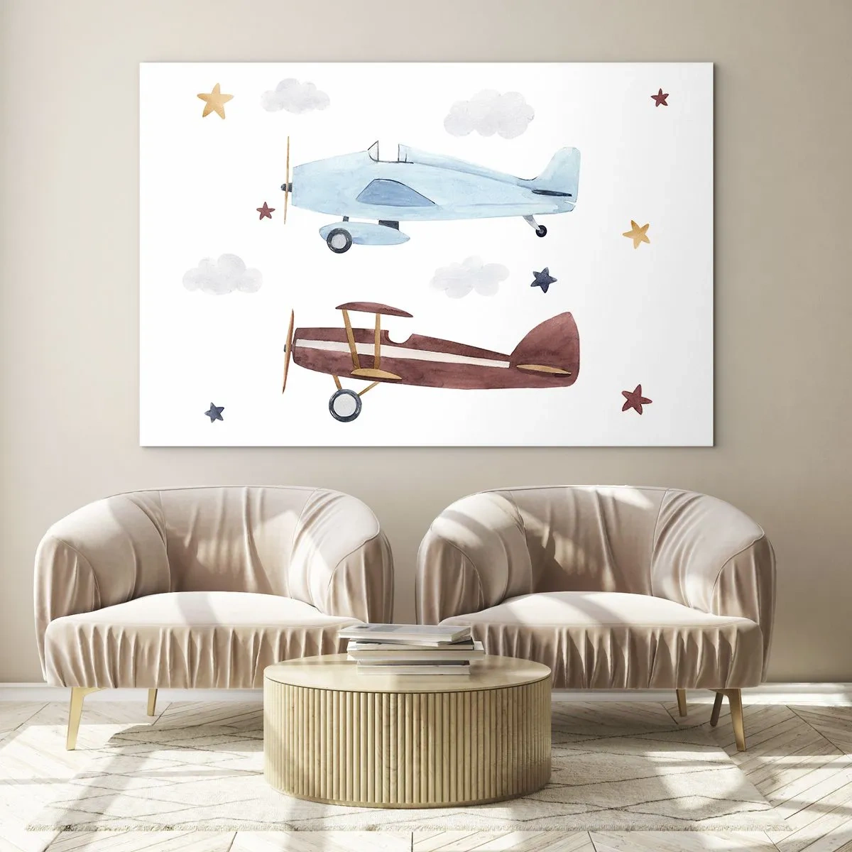Glass picture - Two colorful airplanes among the stars and clouds - 70x50cm - Mr Pilot We Are Waiting! - Modern wall decoration for the living room and bedroom ARTTOR