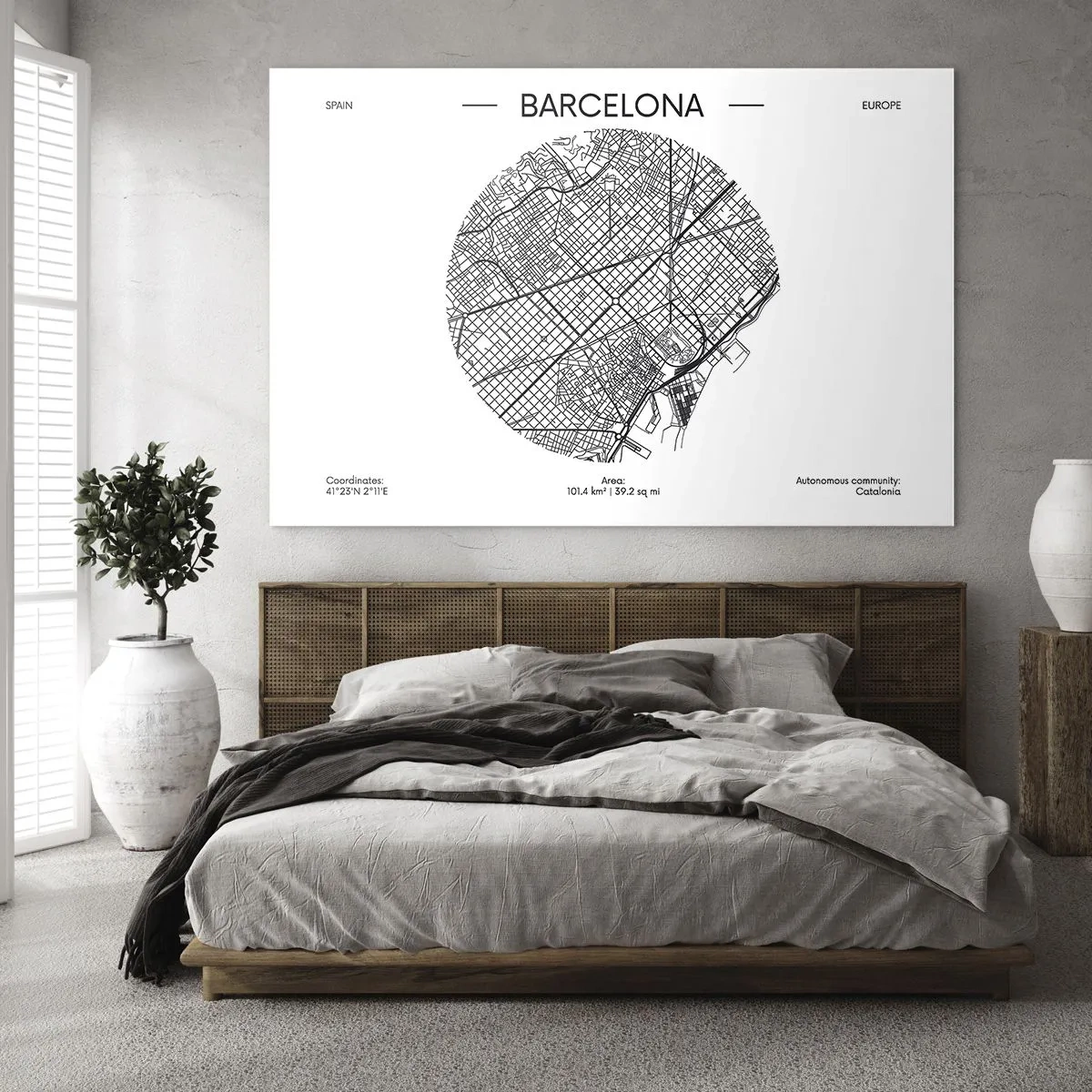 Glass picture - A minimalist map of Barcelona in a black and white aesthetic - 70x50cm - Anatomy of Barcelona - Modern wall decoration for the living room and bedroom ARTTOR
