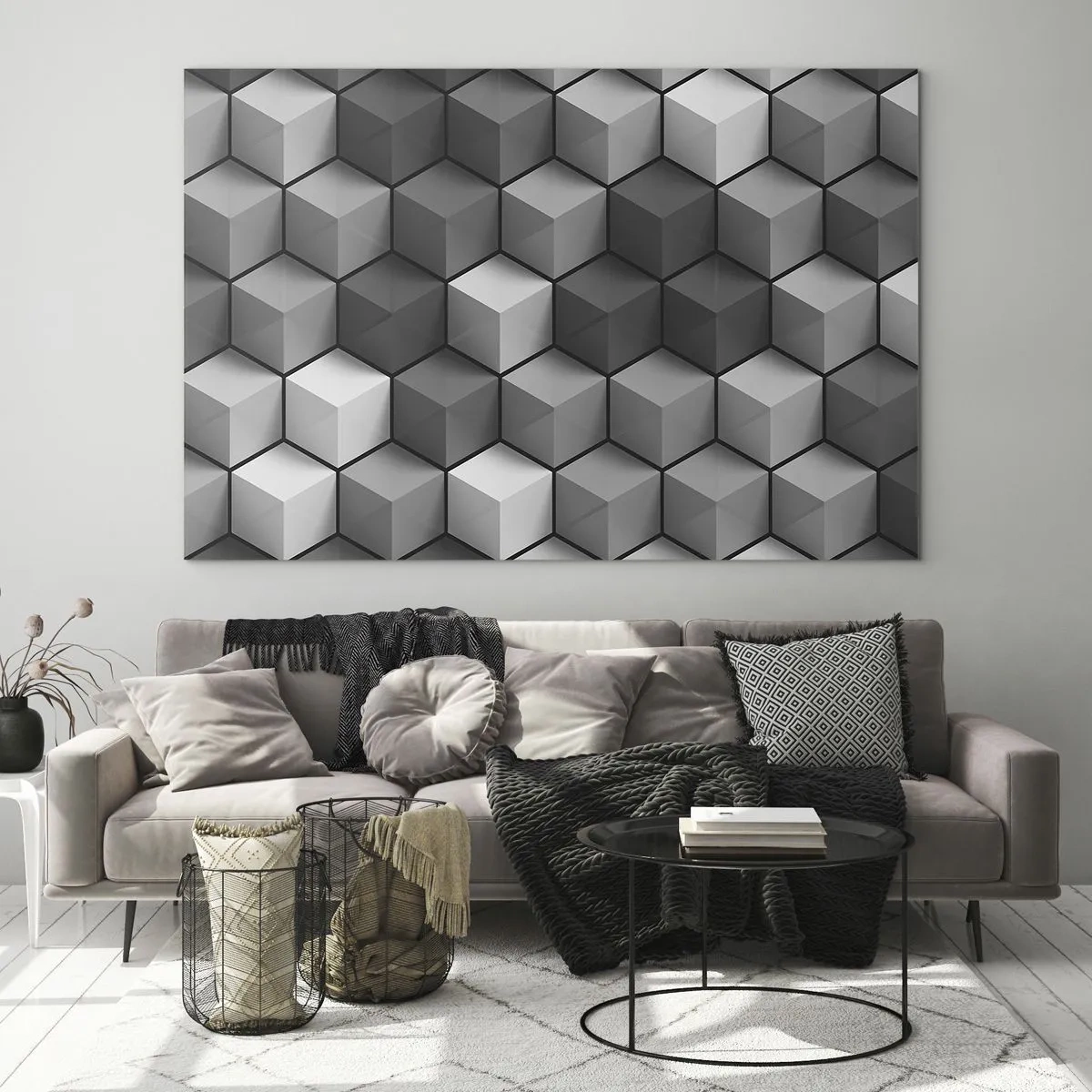 Glass picture - Geometric cubes in shades of gray - 70x50cm - Cubist Jigsaw - Modern wall decoration for the living room and bedroom ARTTOR