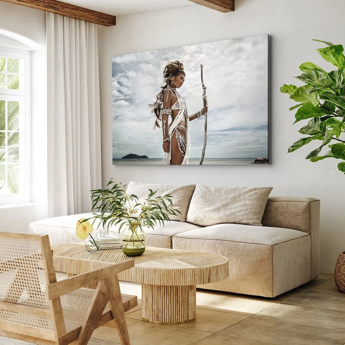 Canvas picture - Stylized woman on the beach with ethnic ornaments and a stick - 70x50cm - Queen of the Tropics - Modern wall decoration for the living room and bedroom ARTTOR