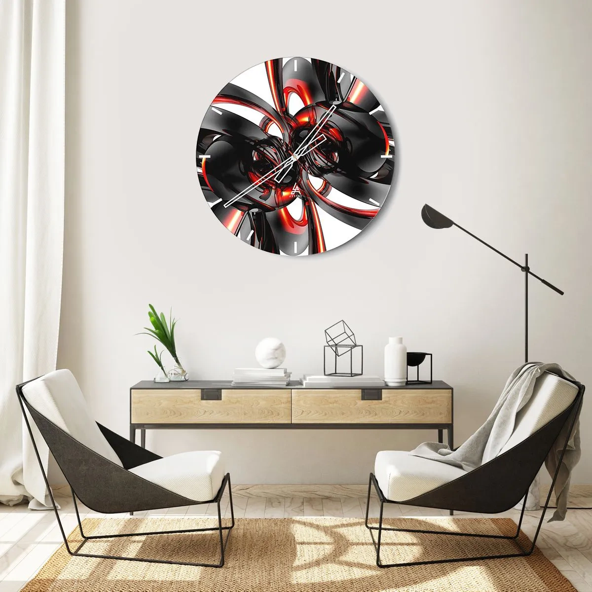 Wall clock - Clock on glass - Abstract pattern with red and black shapes - 30x30cm - Movement in Graphite and Red - Modern wall decoration for the living room, kitchen, and bedroom ARTTOR