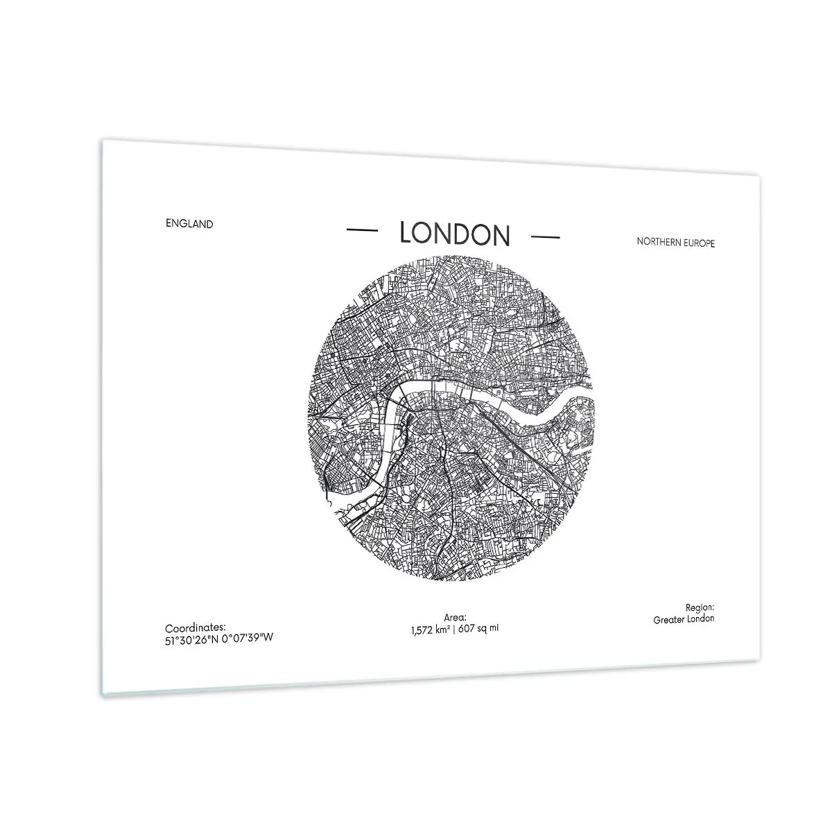 Glass picture - A detailed map of London in a graphic black and white style. - 70x50cm - Anatomy of London - Modern wall decoration for the living room and bedroom ARTTOR