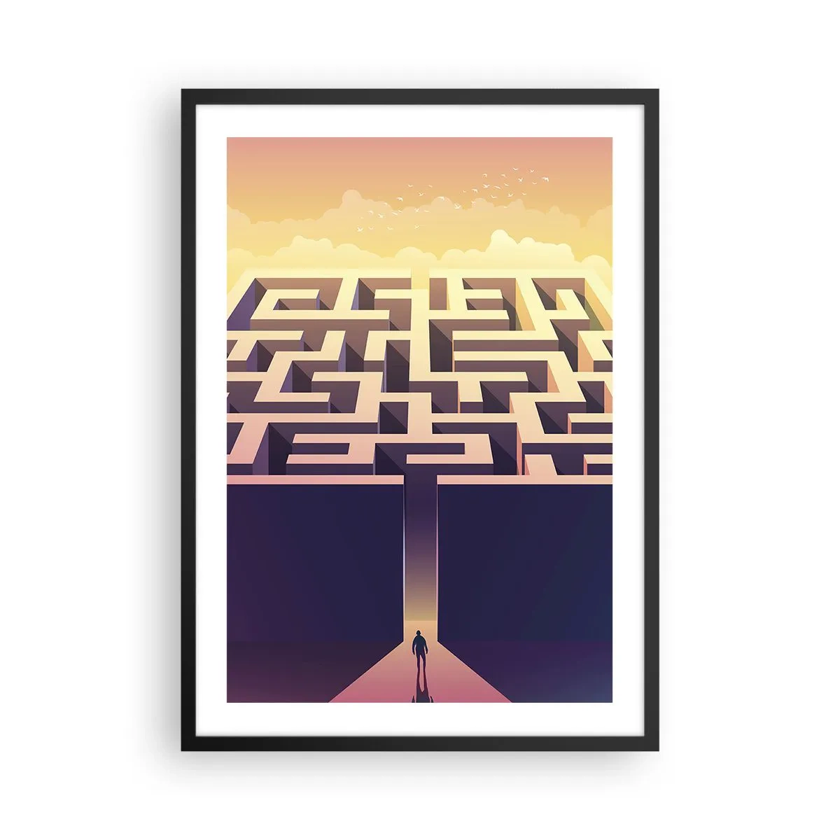 Poster in black frame - A symbolic labyrinth in golden light - 50x70cm - Decision Time - Modern wall decoration for the living room and bedroom ARTTOR