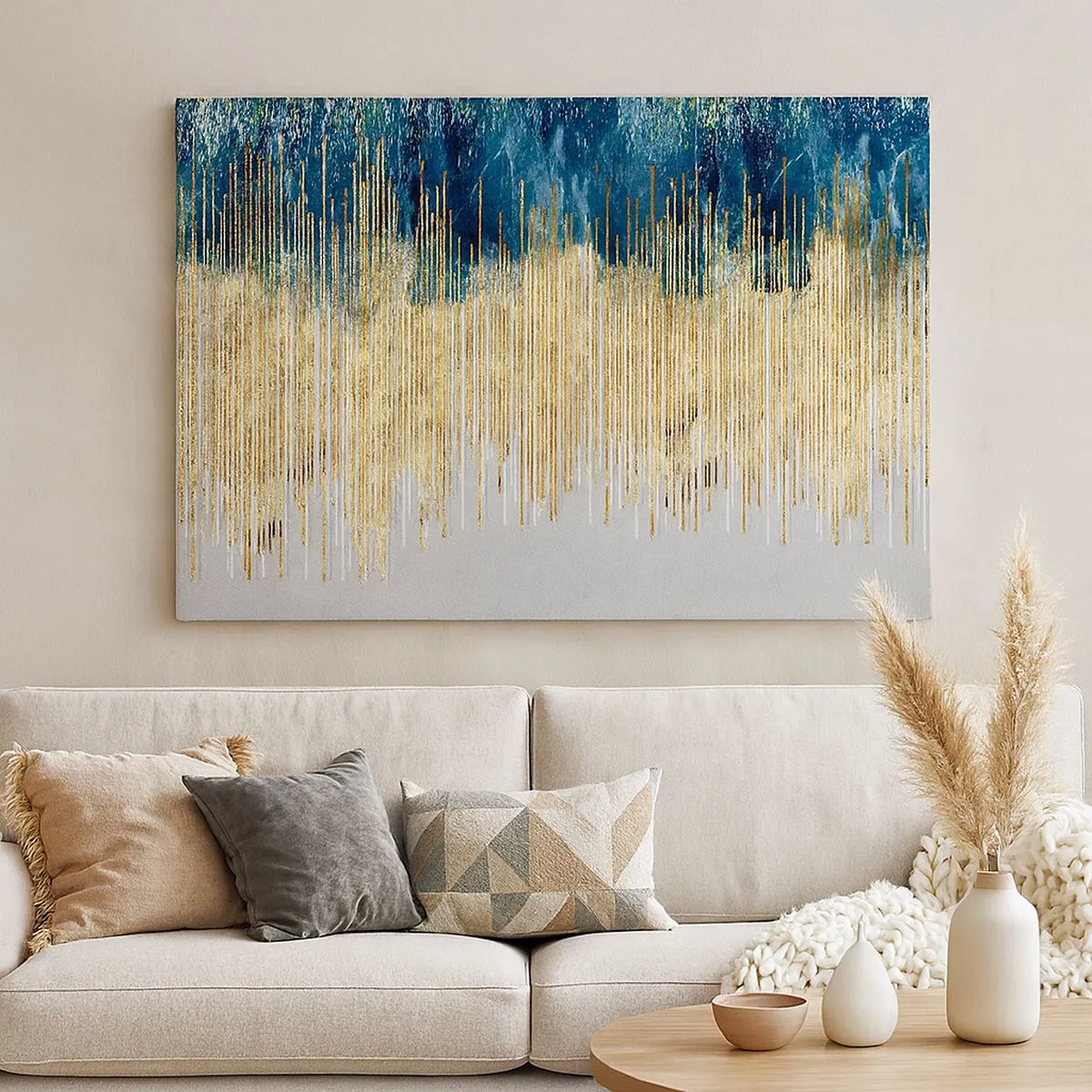 Canvas picture - Golden lines against a background of navy blue and gray abstraction - 70x50cm - Glided Border - Modern wall decoration for the living room and bedroom ARTTOR