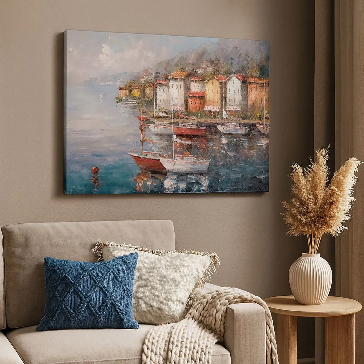Canvas picture - Seaside scenery with boats and colorful houses - 70x50cm - Romantic Marina - Modern wall decoration for the living room and bedroom ARTTOR